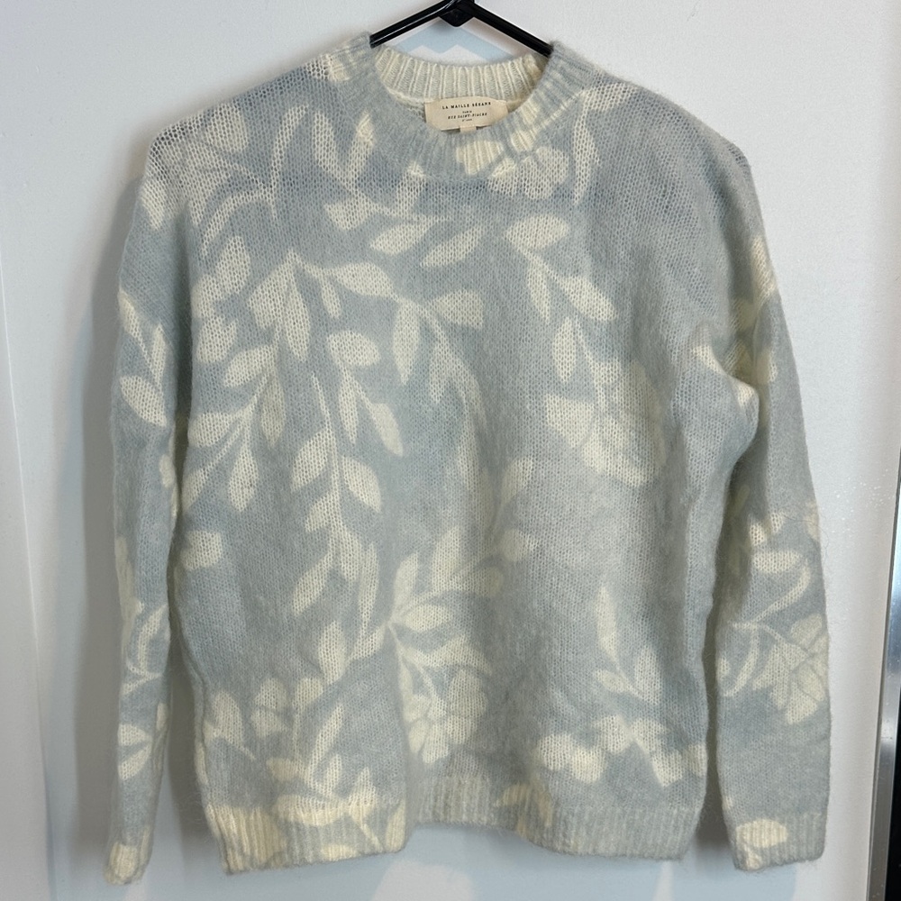 Sezane Blue and Cream Leaf Pattern Crewneck Sweater